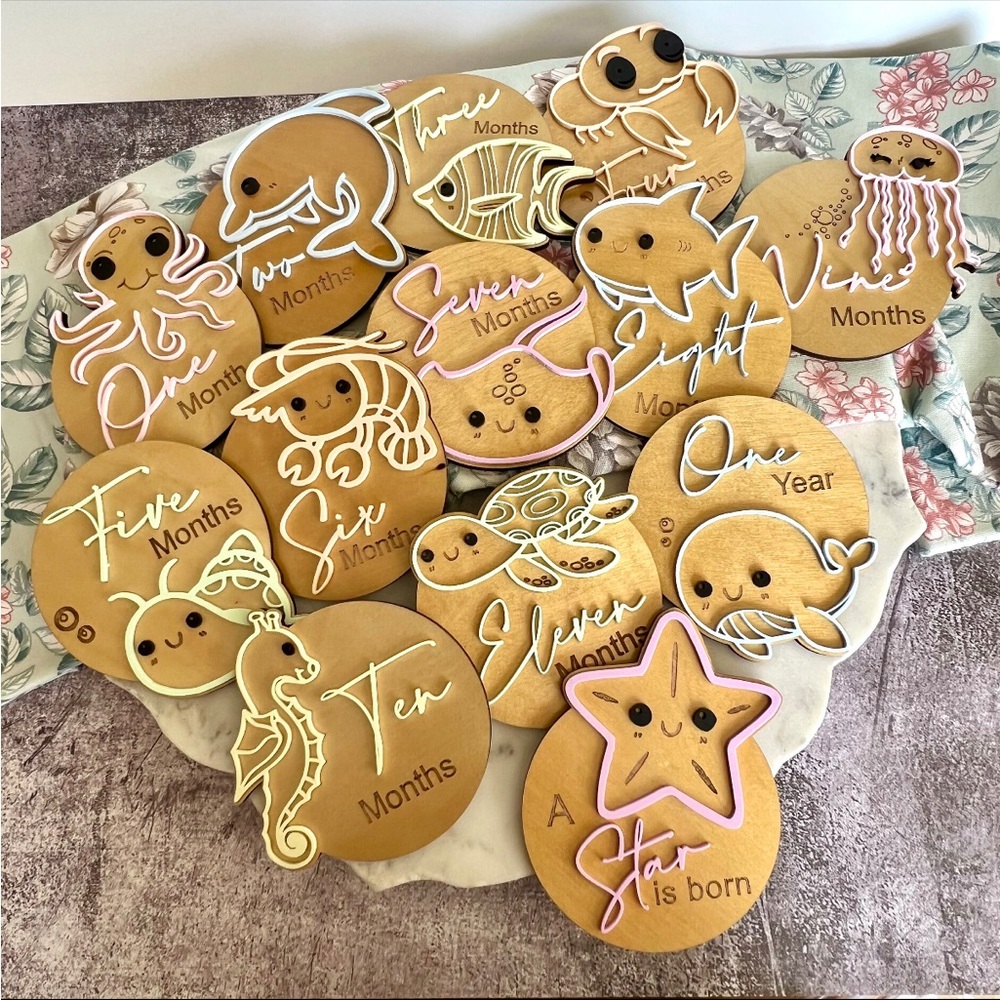 Wooden Baby Milestone Discs with Sea Ocean Creatures